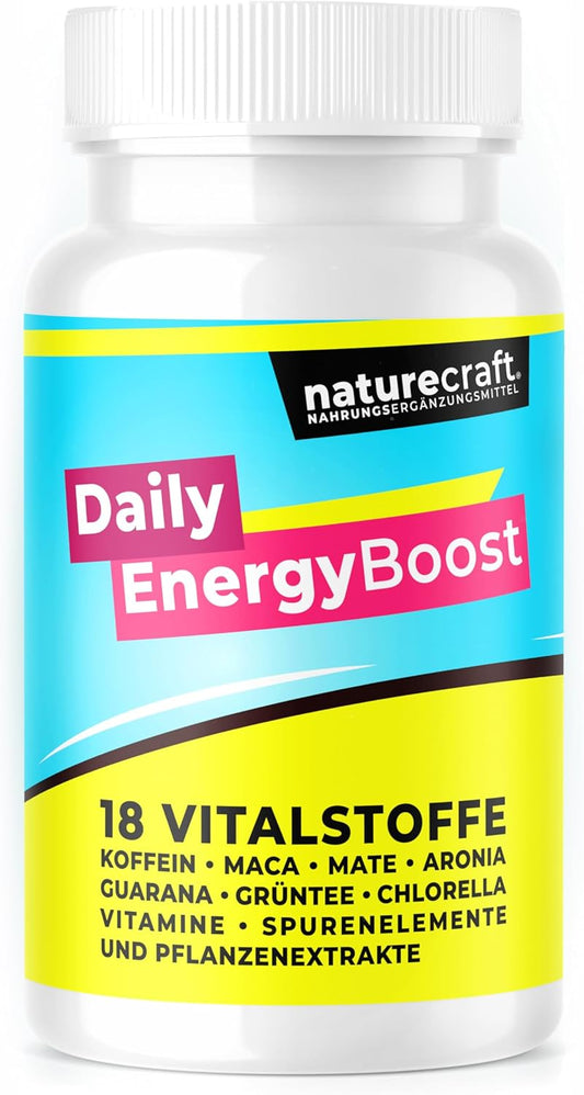 Daily EnergyBoost Nahrungsergänzungsmittel - 18 Vitalstoffe wie Koffeein, Maca, Mate, Aronia, Guarana, Grüntee, Chlorella, Vitamine, Spurenelemente und Pflanzenextrakte - vegan - 30 Kapseln