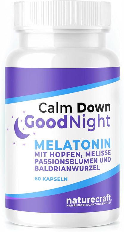 Melatonin Schlaf Komplex Calm Down & Good Night - Nahrungsergänzungsmittel mit Hopfen, Melisse, Passionsblumen und Baldrianwurzel - vegan - 60 Kapseln