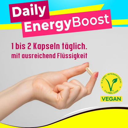 Daily EnergyBoost Nahrungsergänzungsmittel - 18 Vitalstoffe wie Koffeein, Maca, Mate, Aronia, Guarana, Grüntee, Chlorella, Vitamine, Spurenelemente und Pflanzenextrakte - vegan - 30 Kapseln