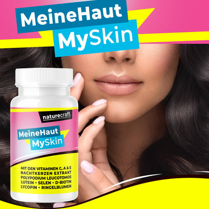 Meine Haut - MySkin - Nahrungsergänzungsmittel mit Vitamin C, A E, Nachtkerzen Extrakt, Ringelblumen, Lutein, Lycopin, D-Biotin, Selen und Polypodium Leucotomos - vegan - 60 Kapseln