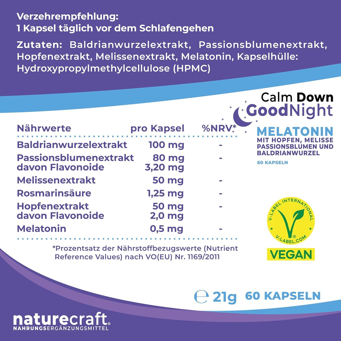 Melatonin Schlaf Komplex Calm Down & Good Night - Nahrungsergänzungsmittel mit Hopfen, Melisse, Passionsblumen und Baldrianwurzel - vegan - 60 Kapseln