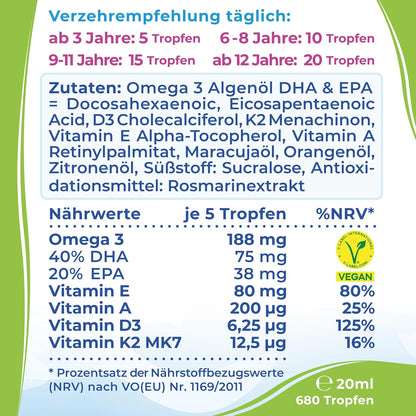 Omega-3 KIDS Algenöl PLUS Tropfen für Kinder - 40% DHA & 20% EPA mit Vitamin D3 + K2 + A + E - natürlich süßer Geschmack mit Maracuja-, Orangen- und Zitronenöl - Vegan (20ml = bis zu 4 Monats-Vorrat)