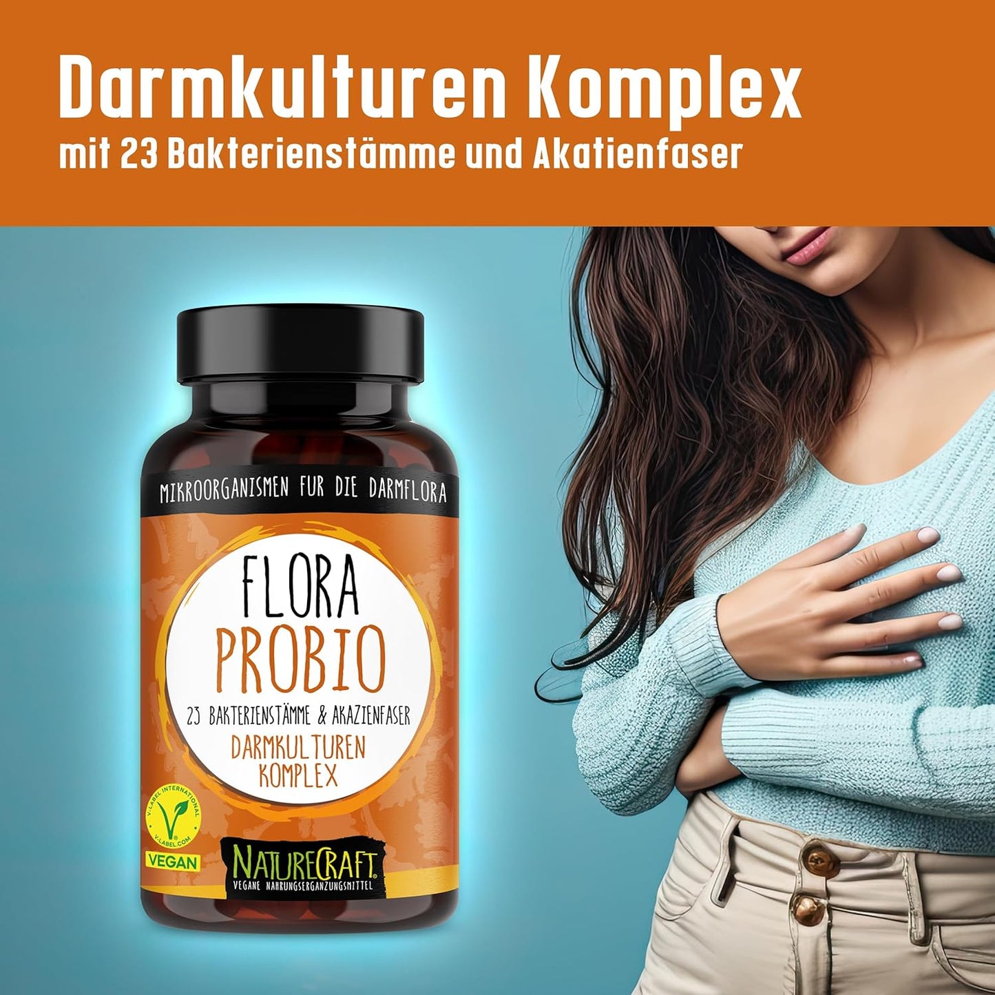 FloraProbio - Kulturen Komplex mit 23 Bakterienstämmen (10 Mrd. KBE) & Akazienfasern ohne Inulin, vegan - 60 magensaftresistente Kapseln (= max. 2 Monats-Vorrat)