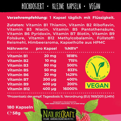 Vitamin B-Komplex - B1 + B2 + B3 + B5 + B6 + B7 + B9 + B12 fuer Erwachsene, vegan, hochdosiert - 180 Kapseln (6 Monats-Vorrat)