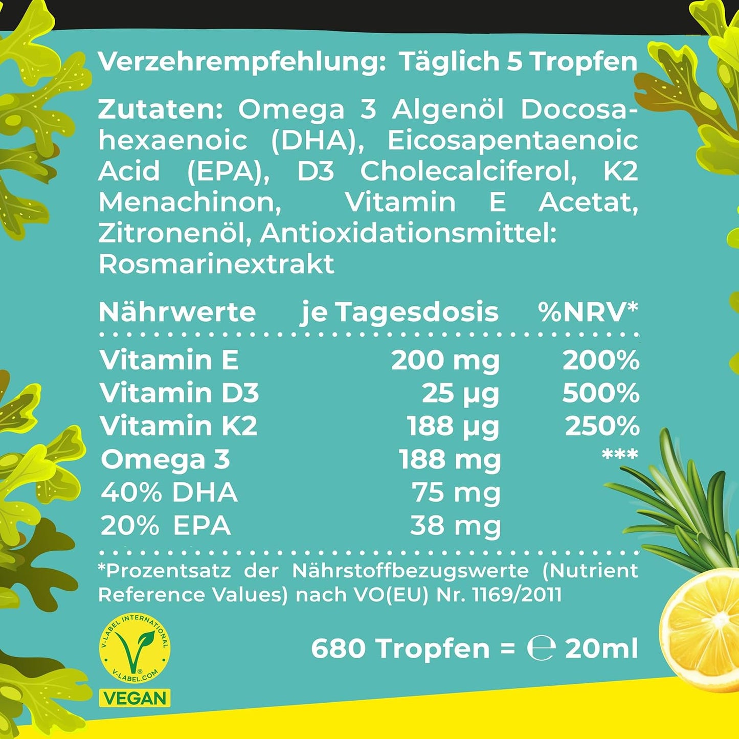 Omega-3 Algenöl PLUS - 40% DHA und 20% EPA mit Vitamin D3 + K2 + E - Himbeer, Zitrone und Rosmarinextrakt - Vegan (20ml = 4 Monats-Vorrat)