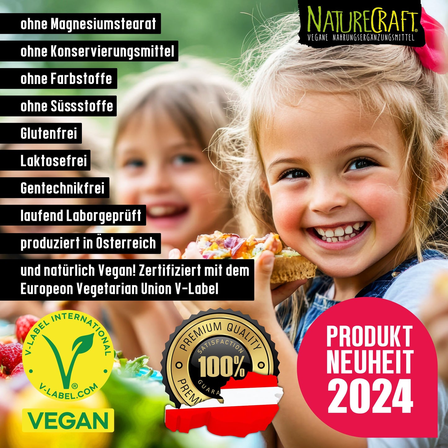 Vegan Kids Multivitamin - Vitamin A+B1+B2+B3+B5+B6+B7+B9+B12+C+D3+K2+E + Cholin + Eisen + Zink + Jod + Kalium + Selen + Natrium + Magnesium - Komplex für Kinder mit 120 Kapseln (max. 4 Monats-Vorrat)