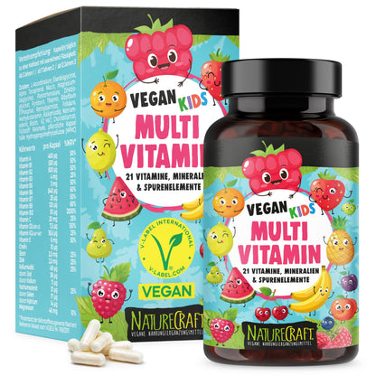 Vegan Kids Multivitamin - Vitamin A+B1+B2+B3+B5+B6+B7+B9+B12+C+D3+K2+E + Cholin + Eisen + Zink + Jod + Kalium + Selen + Natrium + Magnesium - Komplex für Kinder mit 120 Kapseln (max. 4 Monats-Vorrat)