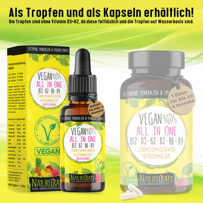 Vegan Kids All-in-One Tropfen - Vitamin B12+B2+B6+B9 Folsäure + Zink + Eisen + Selen + Natrium + Kalium + Jod - Komplex mit natürlichem Tropical Fruchtgeschmack (20ml = max. 4 Monats-Vorrat)