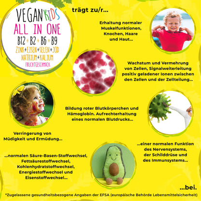 Vegan Kids All-in-One Tropfen - Vitamin B12+B2+B6+B9 Folsäure + Zink + Eisen + Selen + Natrium + Kalium + Jod - Komplex mit natürlichem Tropical Fruchtgeschmack (20ml = max. 4 Monats-Vorrat)