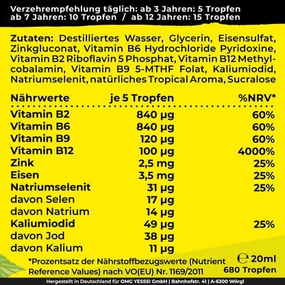 Vegan Kids All-in-One Tropfen - Vitamin B12+B2+B6+B9 Folsäure + Zink + Eisen + Selen + Natrium + Kalium + Jod - Komplex mit natürlichem Tropical Fruchtgeschmack (20ml = max. 4 Monats-Vorrat)
