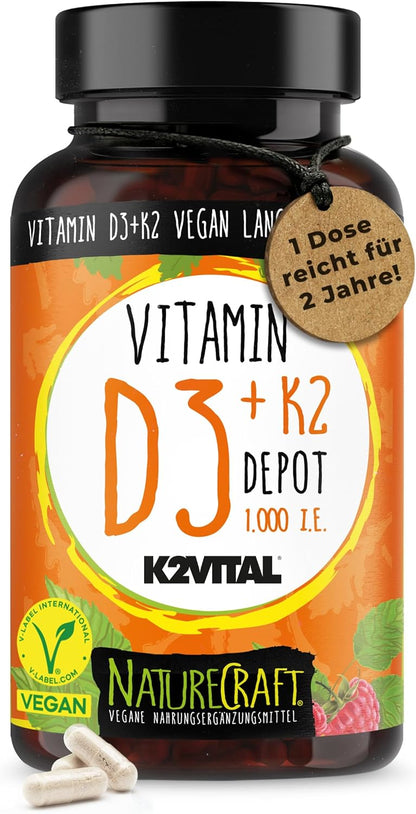 Vitamin D3 + K2 Depot mit 1000 I.E. pro Tagesdosis - Einnahme alle 7 bis 21 Tage, 1-3 Kapseln Vitamin D + K2 Vital MK7 All Trans, vegan, hochdosiert - 1 Dose (100 Kapseln) reicht für 2 Jahre