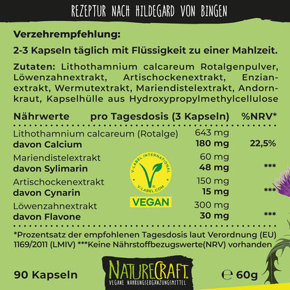 Bitter Pills - Bitterstoff Kapseln mit Calcium aus der Rotalge + Mariendistel + Löwenzahn + Artischocke + Enzian + Andorn + Wermut - vegan, hochdosierte Rezeptur nach Hildegard von Bingen, 90 Kapseln