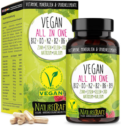 Vegan All-in-One - Vitamin B12+D3+K2+B2+B6+B9 Folsäure + Zink + Eisen + Selen + Natrium + Kalium + Jod - Komplex mit 120 Kapseln (4 Monats-Vorrat)