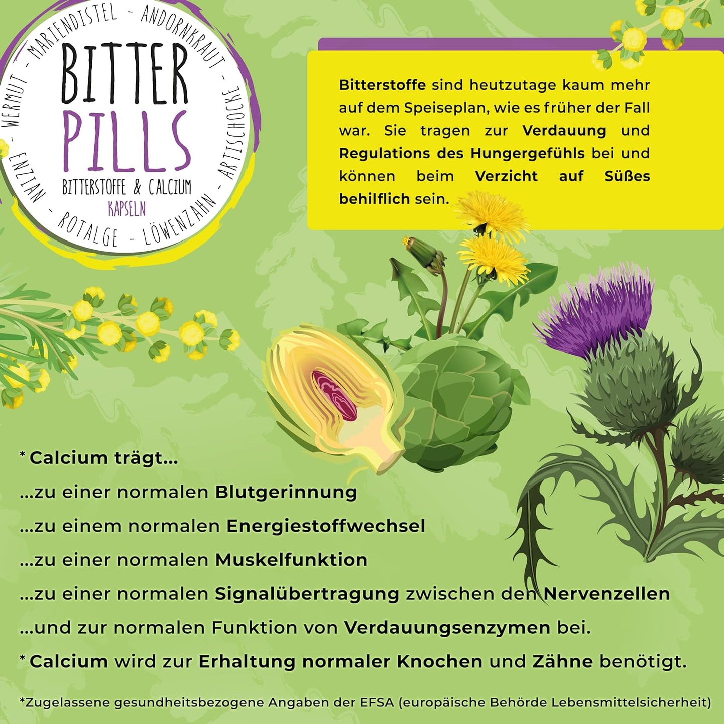 Bitter Pills - Bitterstoff Kapseln mit Calcium aus der Rotalge + Mariendistel + Löwenzahn + Artischocke + Enzian + Andorn + Wermut - vegan, hochdosierte Rezeptur nach Hildegard von Bingen, 90 Kapseln